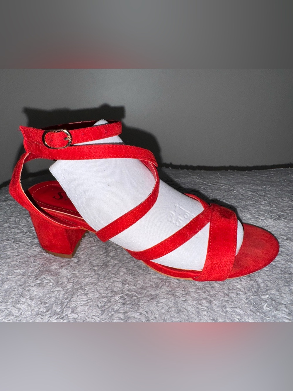 Red Suede Strappy Mid Block Heels with Ankle Buckle